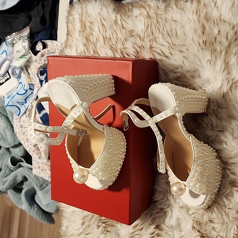 Pearl Platform Heels  Chunky Buckle Ankle Strap